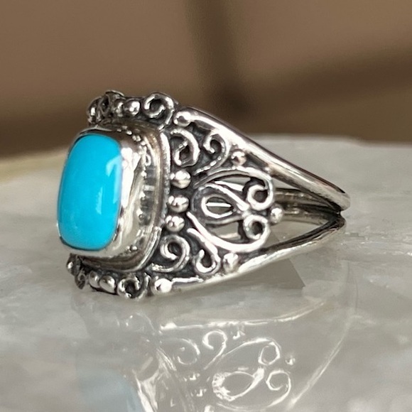 Arizona Sleeping Beauty Turquoise Scrolled Sterling Silver Split Band Ring Sz 8 - Picture 2 of 12